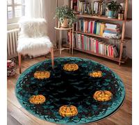 Pumpkin Area Rug, Halloween Gothic Bat Vine Halloween Orange Low Pile Home Floor Doormat Circle Print Accents Rug Entryway Bathroom Laundry Room Bedside Decor 4' X 4'