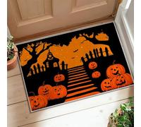 Pumpkin Area Rug, Halloween Gothic House Tree Halloween Orange Non-Slip Backing Aesthetic Doormat Rectangle Accents Rug Bathroom Doorway Entryway Bedside Decor 2' X 3'