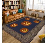Pumpkin Area Rug, Halloween Seasonal Happy Emoticon Face Border Halloween Orange Low Pile Foam Rectangle Floor Carpets Edge Binding Rugs for Living Room Bedroom Under Bed Apartment Decor 5' X 7'