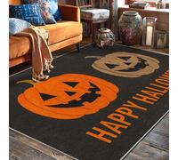 Pumpkin Area Rug, Halloween Seasonal Happy Emoticon Face Text Halloween Orange Non-Slip Backing Soft Rectangle Carpet Stain Resistant Rugs for Living Room Bedroom Classroom College Dorm Decor 5' X 7'