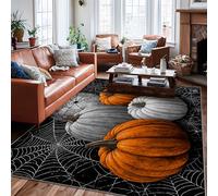 Pumpkin Area Rug, Halloween Seasonal Spiderweb Black Background Halloween Orange Low Pile Home Floor Rectangle Print Carpet Rugs for Living Room Bedroom College Dorm Kitchen Decor 6' X 9'