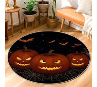 Pumpkin Area Rug, Halloween Spooky Bat Spider Web Halloween Orange Non-Slip Backing Aesthetic Circle Home Doormat Accents Rug Bathroom Entryway Kitchen Bedside Decor 3' X 3'