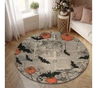 Pumpkin Area Rug, Halloween Vintage Bat Spiderweb Halloween Orange Non-Slip Indoor Round Carpet Non Shedding Rugs for Living Room Bedroom Under Bed Apartment Decor 5' X 5'