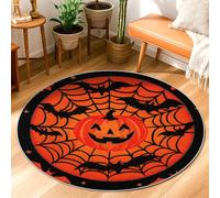 Pumpkin Area Rug, Spooky Fanciful Bat Spider Web Halloween Orange Low Pile Doormat Home Accents Rug Fade Resistant Entryway Bathroom Laundry Room Bedside Decor 3' X 3'