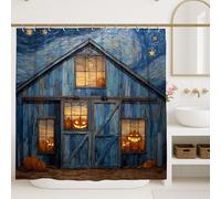 Pumpkin Barn Shower Curtain, Vintage Blue Rustic Fall Decor, Autumn Halloween Bathroom Set with Hooks, Cozy Farmhouse Style Waterproof Fabric 72x72 Inch