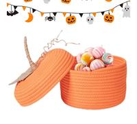Pumpkin Basket - Round Storage Bins Woven Baskets - Halloween Pumpkin Bucket, Decorative Trick or Treat Bucket, Candy Basket with Lid for Organizing Dog Toy