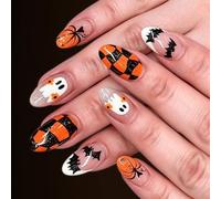Pumpkin Bat Character Press-on Manicure Set 24 Piece Oval False Tips, Checkered and Glitter for Themed Event Looks At Home Fast