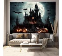 Pumpkin Bat Tapestry Moon Dark Castle Wall Hanging Backdrop Wall Art Black Home Decor for Halloween Party Decor Portrait Photo Booth Props
