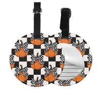 Pumpkin Bow Round Luggage Tag 2PCS Buffalo Plaid PU Leather Travel Bag Tag ID Labels Name Card Holder wtih Buckle for Luggage Suitcase Backpacks