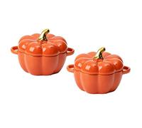 Pumpkin Bowl Set with Lid and Handle, Set of 2 Ceramic Ramekins for Baking, Casserole Dish Individual Severing Pot, Stoneware, Oven Safe, 14 Oz (Orange)