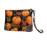 Pumpkin Buffalo Plaid Leather Clutch Bag for Women, Thanksgiving Wristlet Purse with Detachable Strap Evening Handbag, Ladies Long Wallet for Wedding Party Travel Business