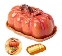 Pumpkin Butter Dish with Lid - Fall Kitchen Countertop Tray, Halloween Pumpkin-Shaped Snack Plate & Cheese Board, Ceramic Butter Dish Keeps Butters Fresh