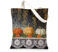 Pumpkin Canvas Bags Autumn Pumpkin Floral Reusable Vintage Rustic Lightweight Washable, Black, 13x15 Inch