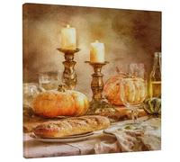 Pumpkin Canvas Kitchen Wall Art, Rustic Vintage Candle Bread Fall Orange Artwork Wall Hanging Painting Dining Room Breakfast Nook Restaurant Decor 12x12 Inch