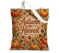 Pumpkin Canvas Tote Bag for Women, Autumn Rustic Wheat Leaf Fall Orange Washable Reusable Small Tote Bags Ideas for Travel, Orange, 13x15 Inch