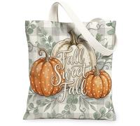 Pumpkin Canvas Tote Bag for Women, Fall Rustic Eucalyptus Leaves Fall Orange Washable Reusable Small Tote Bag Ideas for Sho, Orange, 13x15 Inch