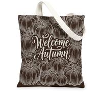Pumpkin Canvas Tote Bag for Women, Fall Rustic Leaf Welcome Autumn Brown Washable Reusable Shopping Bags Ideas for Outdoor, Brown, 13x15 Inch
