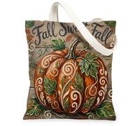 Pumpkin Canvas Tote Bag for Women, Fall Rustic Swirl Leaf Fall Orange Washable Reusable Small Tote Bag Ideas for Outdoor Tr, Orange, 13x15 Inch