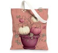 Pumpkin Canvas Tote Bags, Artistic Floral Design Reusable Shopping Bags, Vintage Chic Lightweight Washable Shoulder Strap T, Peach, 13x15 Inch