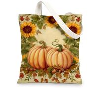 Pumpkin Canvas Tote Bags, Autumn Harvest Pattern Reusable Grocery Bags, Lightweight Washable Shoulder Strap Canvas Bags for, Orange, 13x15 Inch
