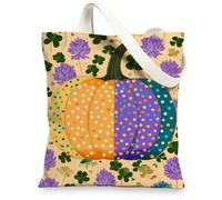 Pumpkin Canvas Tote Bags, Colorful Polka Dot Pattern Reusable Grocery Bags, Artistic Seasonal Lightweight Washable Shoulder, Multicolor, 13x15 Inch