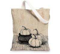 Pumpkin Canvas Tote Bags, Farmhouse Vegetable Pattern Reusable Bags, Vintage Hand-Drawn Lightweight Washable Shoulder Strap, Beige, 13x15 Inch