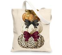 Pumpkin Canvas Tote Bags, Stylish Halloween Pumpkin Design Reusable Grocery Bags, Vintage Chic Lightweight Washable Shoulde, Beige, 13x15 Inch