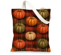 Pumpkin Canvas Tote Bags, Stylish Pumpkin Pattern Reusable Grocery Bags, Cozy Plaid Lightweight Washable Shoulder Strap Can, Orange, 13x15 Inch
