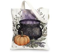 Pumpkin Cauldron Canvas Tote Bags, Halloween Floral Design Reusable Grocery Bags, Vintage Lightweight Washable Shoulder Str, White, 13x15 Inch