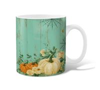 Pumpkin Ceramic Coffee Mug, Fall Rustic Flower Spiderweb Halloween Turquoise Novelty Office Drinking Cup with Handle Gift for Friendship Family Colleague Teachers Sweetheart Staff 15 Oz