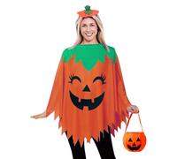 Pumpkin Costume Accessories, Glow in the Dark Halloween Pumpkin Poncho Costume with Candy Bag Headband for Adults Woman Men Cosplay Dress Up