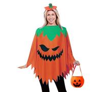 Pumpkin Costume Accessories, Glow in the Dark Halloween Pumpkin Poncho Costume with Candy Bag Headband for Adults Woman Men Cosplay Dress Up