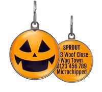 Pumpkin Dog Tag - Halloween Pet ID Tag for Dogs and Cats - Add Custom Info to Back - Jack-O'-Lantern Design - Durable Metal - 2 Sizes - Fun Autumn Pet Name Tag