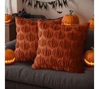 Pumpkin Fall Decorative Throw Pillow Covers, Set of 2 Beige Soft Faux Fur Pillow Covers for Autumn Harvest, Fluffy Plush Accent Pillow Cases for Farmhouse Couch Cushion Covers (Red, 18" x 18")