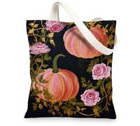 Pumpkin Floral Canvas Tote Bags, Artistic Rose Design Reusable Grocery Bags, Chic Vintage Lightweight Washable Shoulder Str, Black, 13x15 Inch
