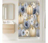 Pumpkin Floral Shower Curtain, Blue Cream Beige Flower Bathroom Decor, Autumn Modern Minimalistic Watercolor Waterproof Fabric Shower Curtain with Hooks 36x72 Inch