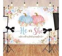 Pumpkin Gender Reveal Photography Backdrop He or She What Will Our Little Pumpkin Be Background Baby Shower Blue Pink Pumpkin Floral Fall Gender Reveal Party Decorations Cake Table Banner (5x3feet)