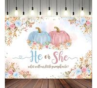 Pumpkin Gender Reveal Photography Backdrop He or She What Will Our Little Pumpkin Be Background Baby Shower Blue Pink Pumpkin Floral Fall Gender Reveal Party Decorations Cake Table Banner (7x5feet)