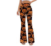 Pumpkin Ghost Flare Pants for Women - Halloween Costumes Ladies Rave Fashions Festival Outfit Fancy Dress Flared Leggings Elastic High Waisted Wide Leg Bootcut Trousers(BlackOrange, XL, 1097w)