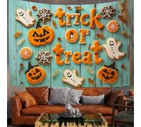 Pumpkin Ghost Letters Tapestry Wall Hanging Art, Turquoise Halloween Cookies Motif Wall Decor Tapestries, 90"X60" Hippie Yoga Mat For Bedroom Dorm Backdrop Living Room, Office, Party