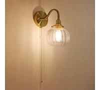 Pumpkin Glass Wall Sconce d Retro Wall Light Fixture with Pull Chain Switch, Vintage Antique Brass Finish E14 Wall Lamp Nordic Globe Stripe Glass Wall Sconces For Bedroom Bedside
