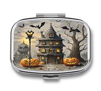 Pumpkin Haunted House Pill Case 2 Compartments Travel Pill Organizer for Pocket Small Pill Box Portable Pill Container Metal Medication Holder to Hold Vitamin Fish Oil Supplement