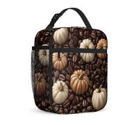 Pumpkin Insulated Lunch Bag, Fall Rustic Coffee Beans White Pumpkin Fall Brown Waterproof Small Reusable Lunch Bags for School and Work Office Commuting 1pcs