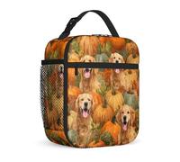 Pumpkin Insulated Lunch Bag, Fall Rustic Dog Leaves Fall Orange Waterproof Lunch Bag with Water Bottle Holder for Work Travel Commuting 1pcs
