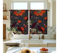 Pumpkin Kitchen Curtains, Halloween Gothic Raven Skull Halloween Orange Curtains for Small Window for Kitchen Window Over Sink 28x39 Inch