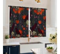 Pumpkin Kitchen Curtains, Halloween Gothic Raven Skull Halloween Orange Kitchen Drapes for Window for Small Rv Sink Area Narrow Window 26x45 Inch