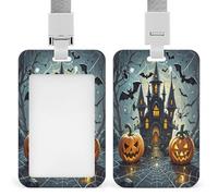Pumpkin Lantern Castle Badge Holder Waterproof Plastic ID Card Badge Holders with Lanyard Vertical Card Case Protector Pouch Clear Window Work Badges for Women Men