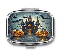 Pumpkin Lantern Castle Pill Case Travel Portable Pocket Pill Box 2 Compartment Medicine Case Large Capacity Daily Pill Cases Vitamin Organizer Medicine Organizer Small Pill Box