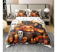 Pumpkin Lantern Duvet Cover Set Gothic Castle Cotton Comforter Cover, Halloween Bats Dark Shadows Double Bedding Sets, Horror Witch Hat Candle Ghost Bed Set,Halloween Pumpkin Decorations