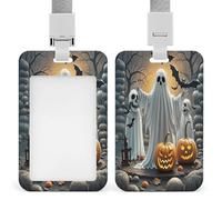 Pumpkin Lantern Ghost Badge Holder Waterproof Plastic ID Card Badge Holders with Lanyard Vertical Card Case Protector Pouch Clear Window Work Badges for Women Men